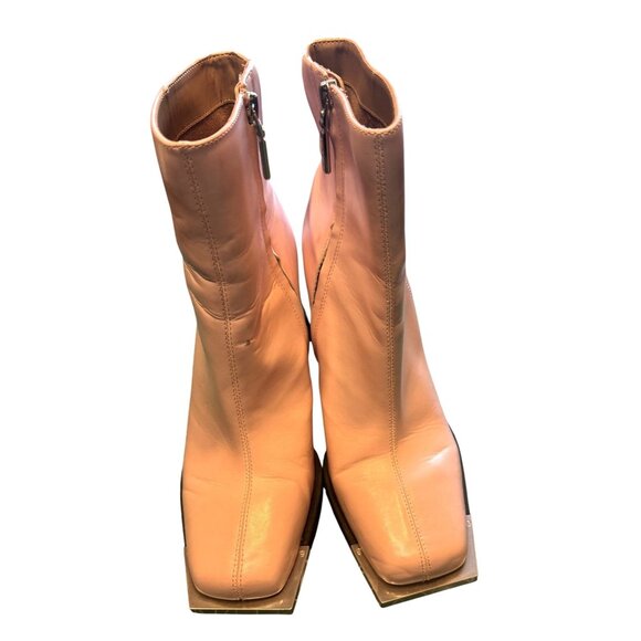 Nessie Circus NY Square-Toe Pink Leather Ankle Boots Black Block Heels size 10 - Picture 1 of 8